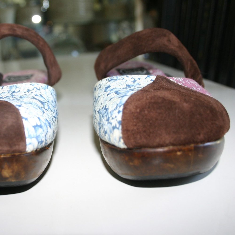LUCKY PENNY Patchwork Clog Size 8 Wooden Platform/Walnut Stain*Fabric*Suede - Picture 3 of 13